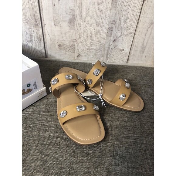 a new day Shoes - A New Day Womens SIze 9 Sandals Tan Brown Slide On Flats Rhinestones